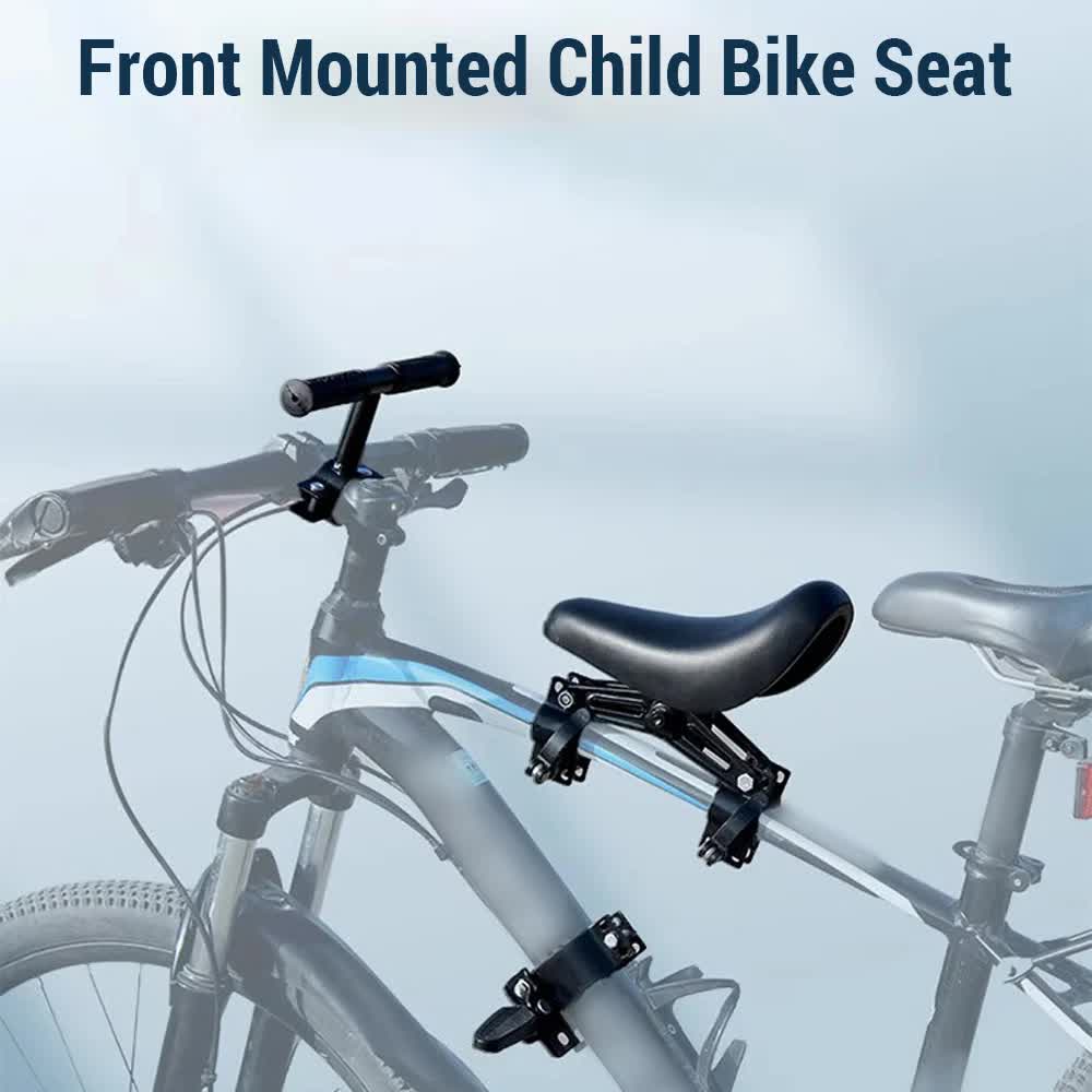 Front-mounted kids bike seat installed on a bicycle top tube outdoors