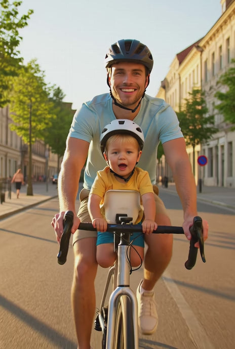 Father and child riding with the front kids bike seat